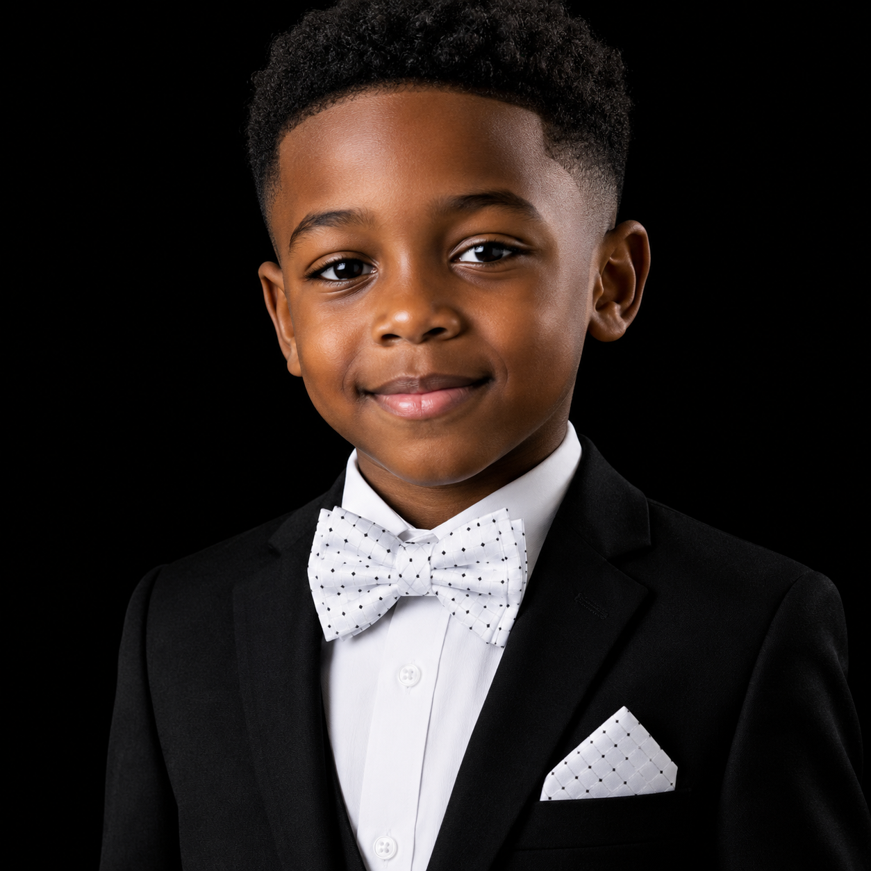A young boy wearing a black formal suit jacket, white dress shirt, and a white bow tie with small black polka dots, set against a solid black background.