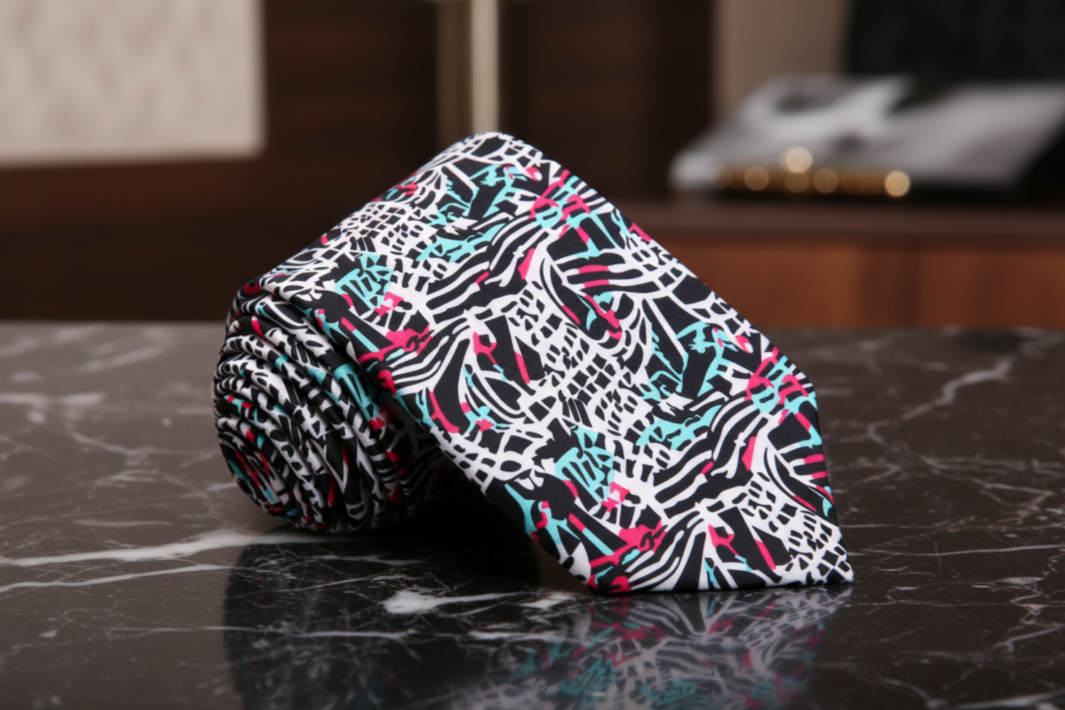 Abstract Graphic Necktie Black & White with Teal and Pink Accents