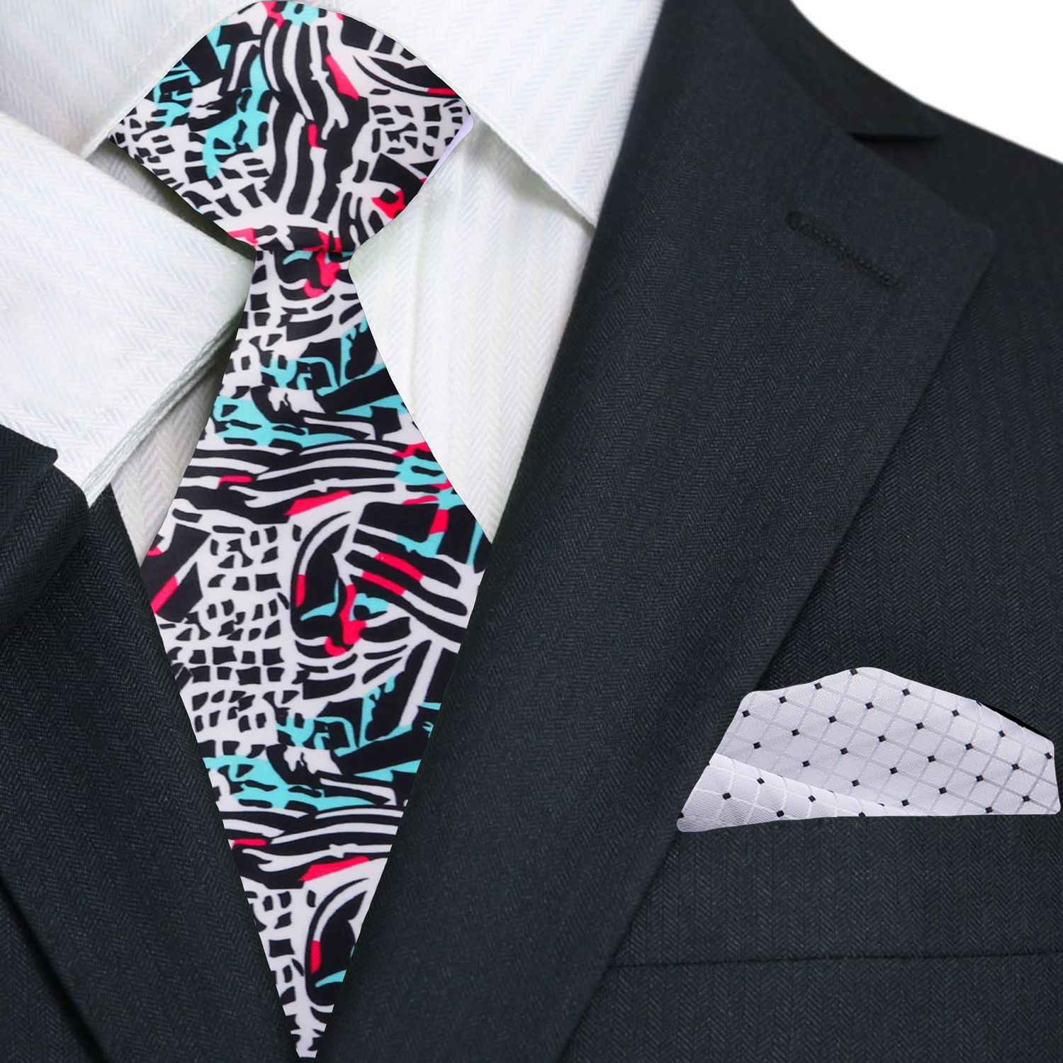 Abstract Graphic Necktie Black & White with Teal and Pink Accents with Accenting White Black Dot Square 