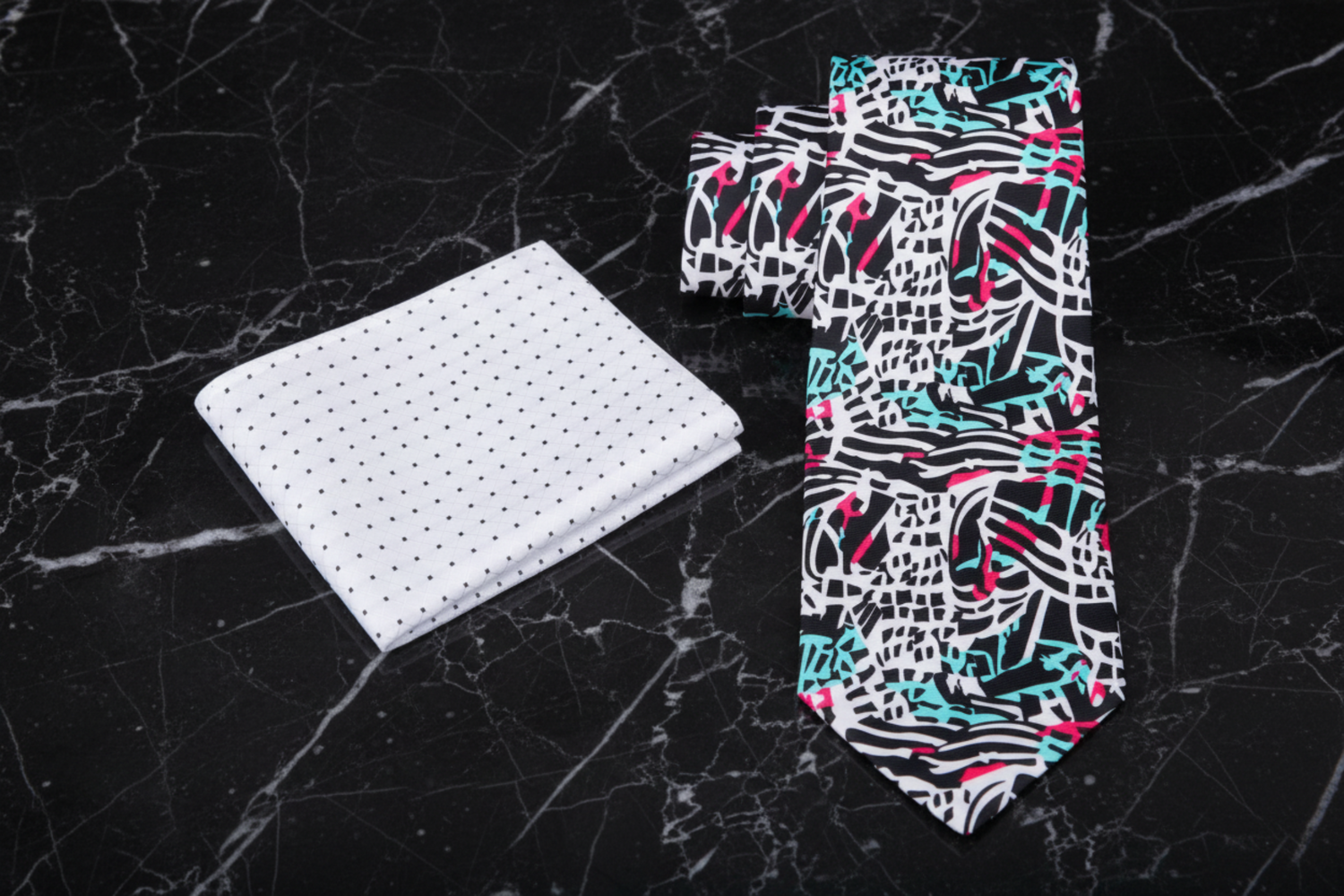 Abstract Graphic Necktie Black & White with Teal and Pink Accents with Accenting White Black Dot Square 2a