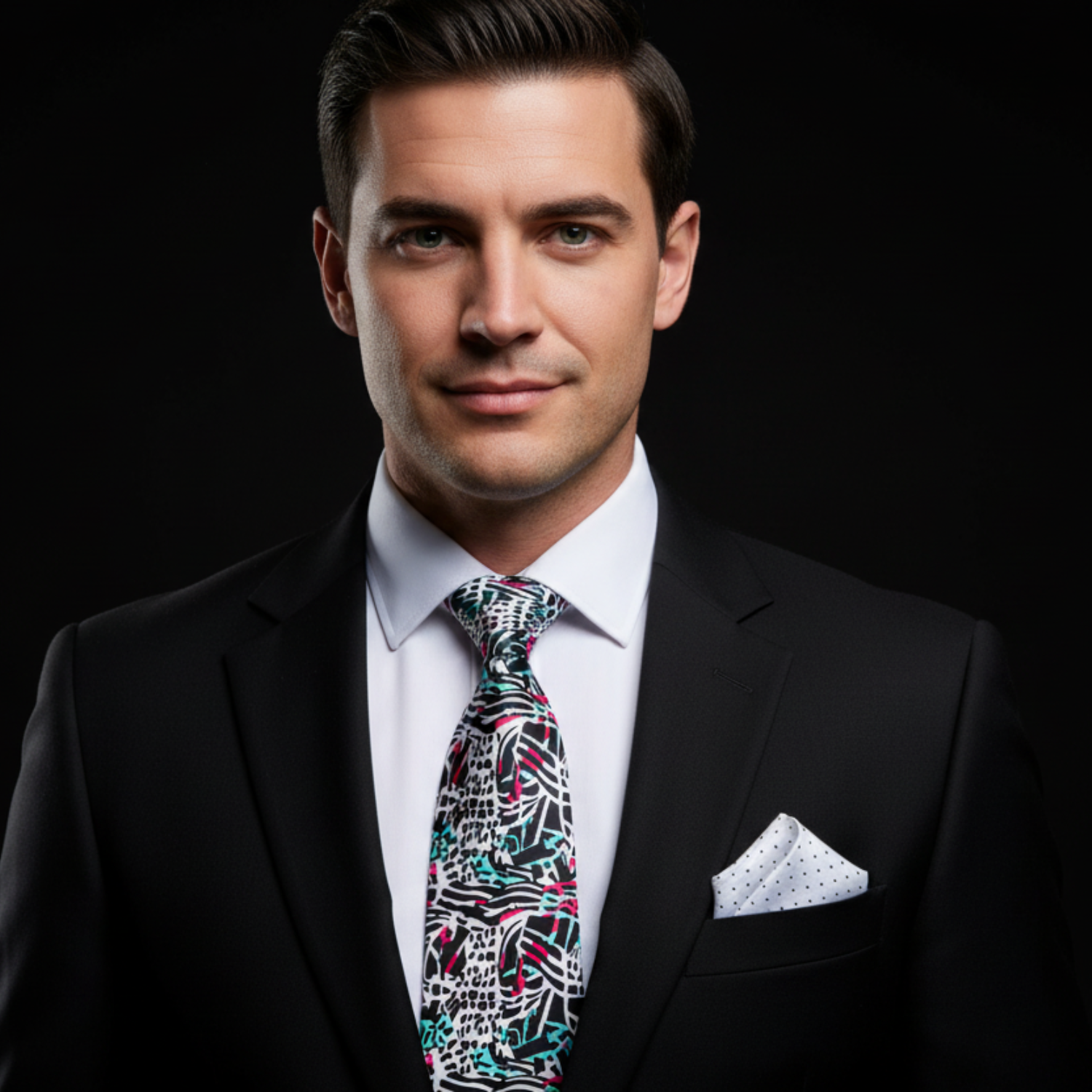 Man wearing a black suit with a Abstract Graphic Necktie Black & White with Teal and Pink Accents with Accenting Square 