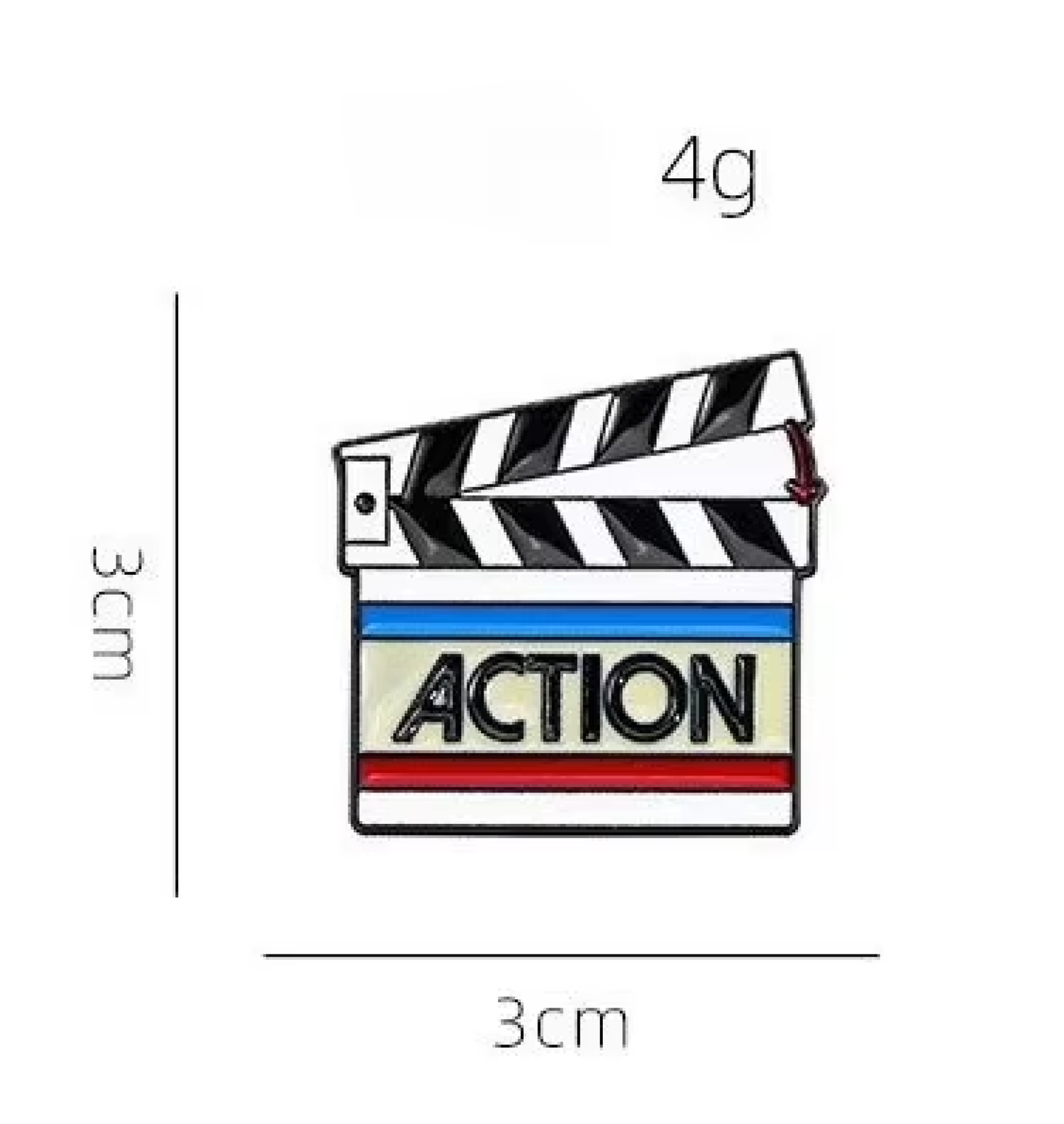 A clapperboard-shaped enamel pin with the word ACTION on the front, shown with dimension labels of 3cm by 3cm and a weight label of 4g on a white background.