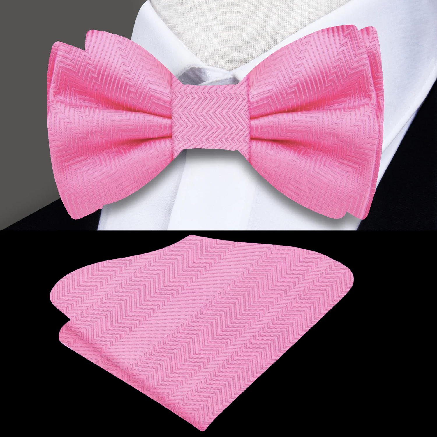 Main View: A Real Pink Solid Pattern Self Tie Bow Tie, Matching Pocket Square