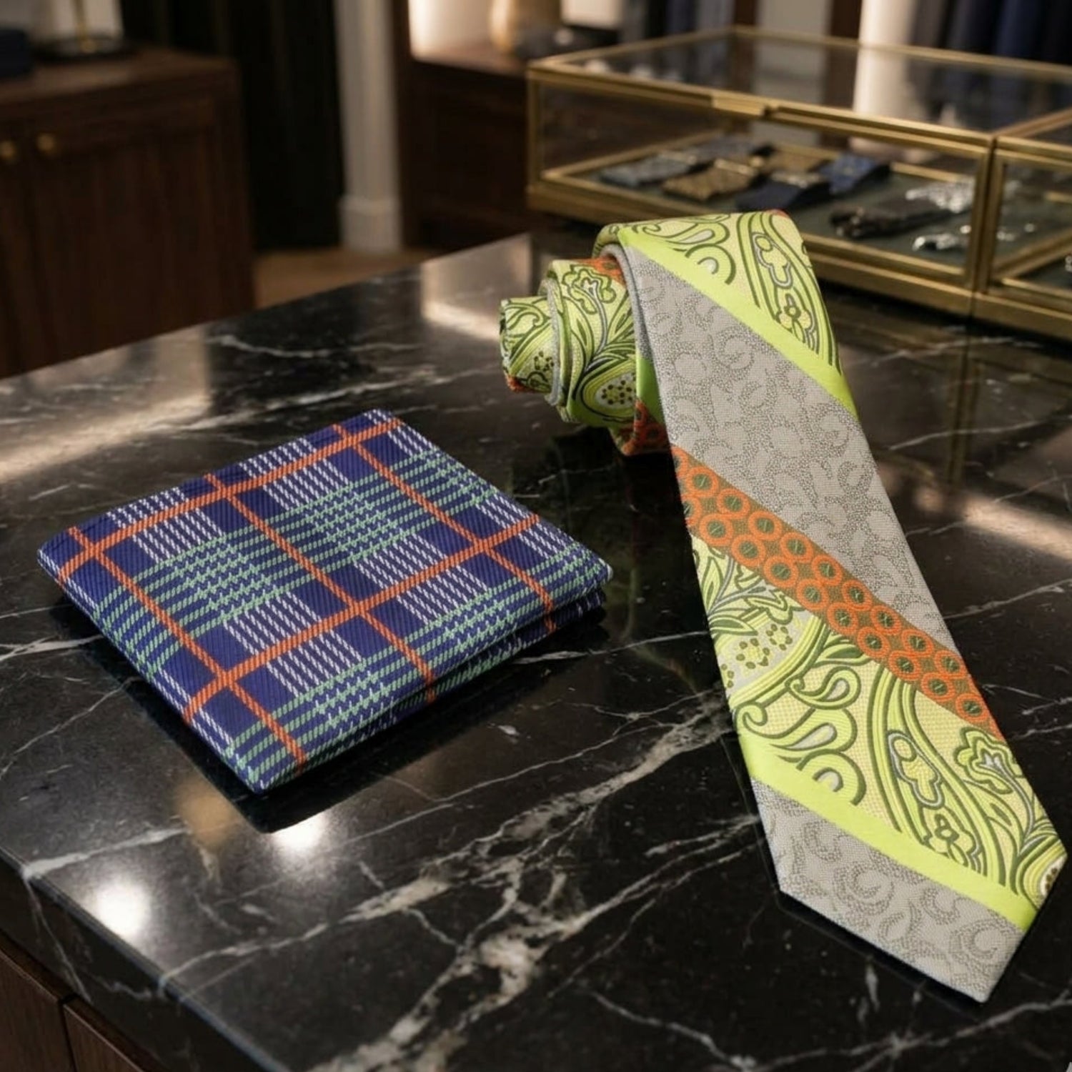 Alt Yellow and Orange Paisley Necktie and Accenting Blue Green Plaid Square