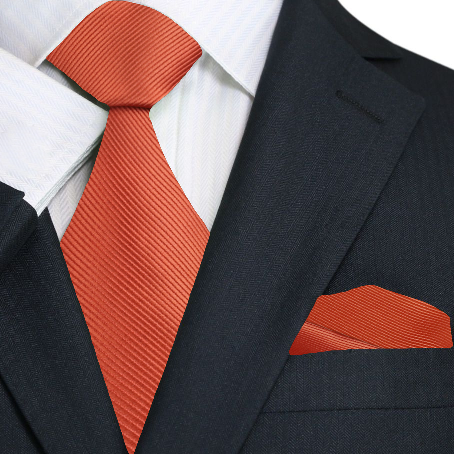 A Solid Orange Colored Silk Necktie and Square