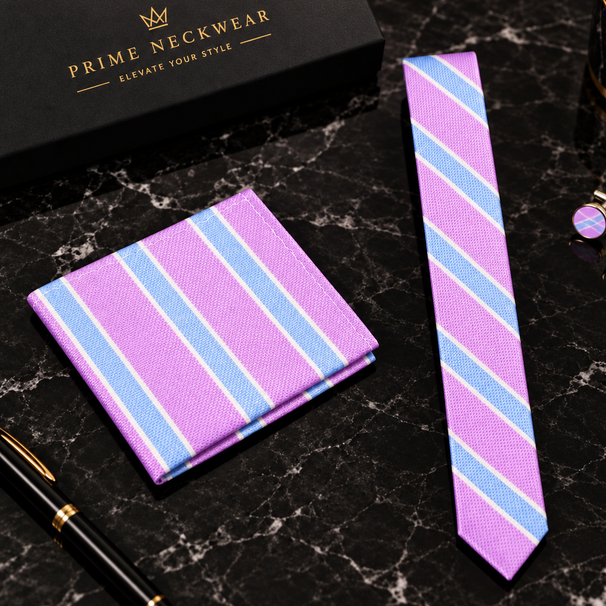 purple blue thin stripe thin tie and square