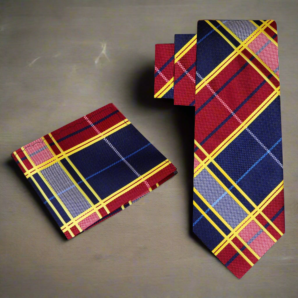 Plaid tie and pocket square set with red, blue, and yellow colors on a white background