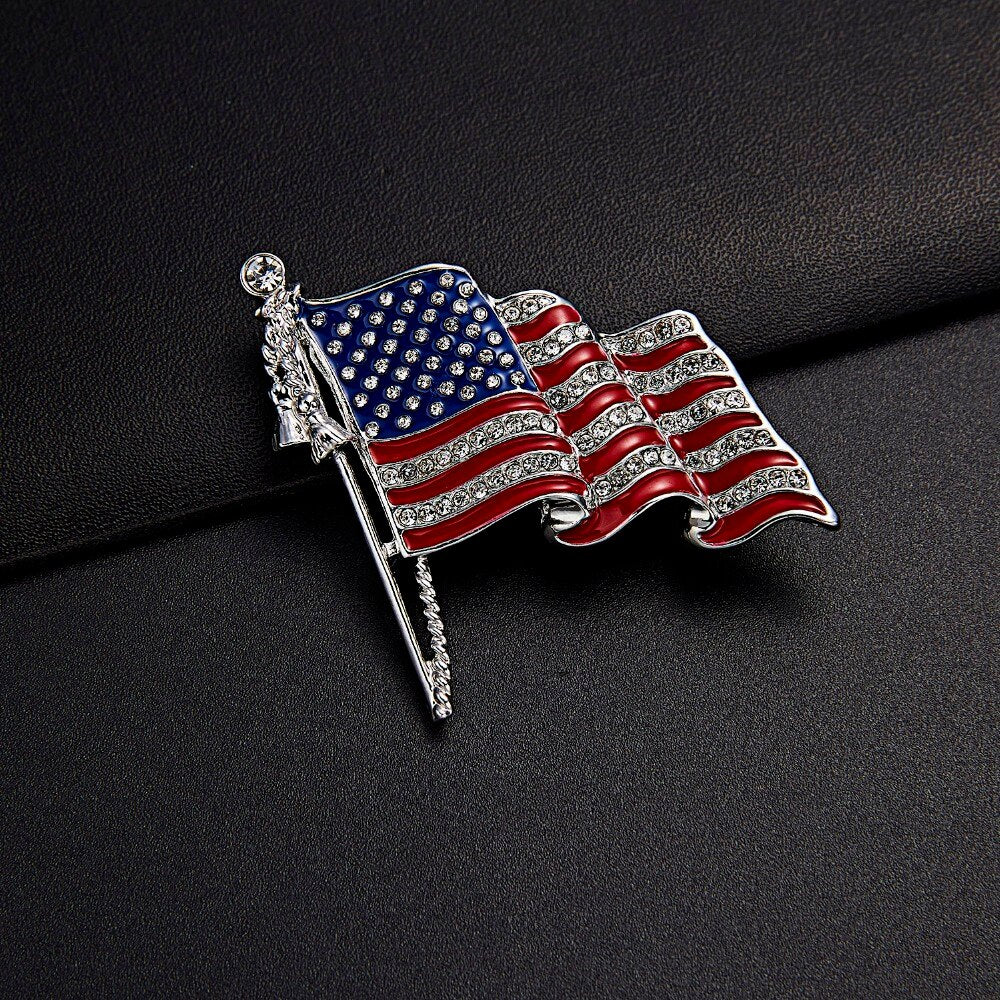 View 3: Red, Chrome, Blue American Flag Gemstones Lapel Pin