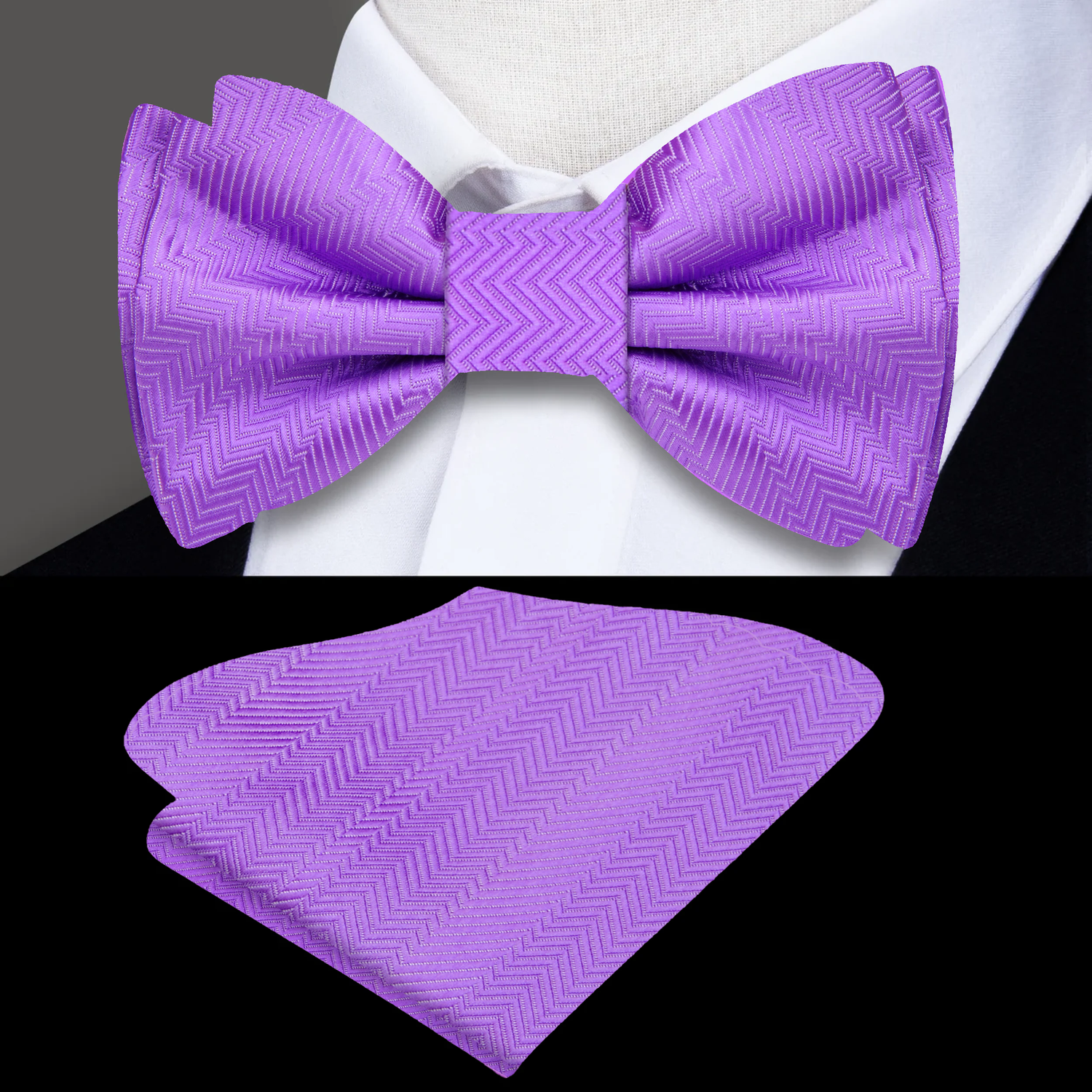 Main View: An Amethyst Purple Solid Pattern Self Tie Bow Tie, Matching Pocket Square