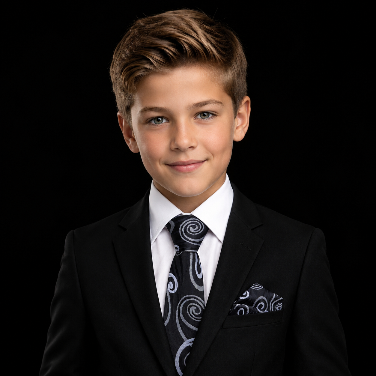 A young boy with styled brown hair wearing a black suit, white dress shirt, and a black paisley patterned tie with a matching pocket square, set against a solid black background.