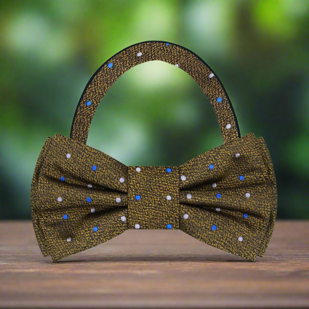 Antique Gold, Blue, Silver Polka Bow Tie Pre Tied