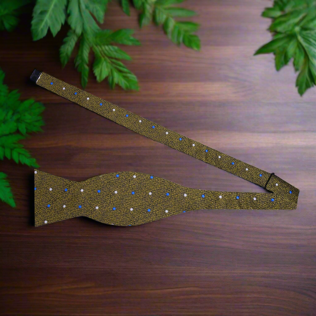 Antique Gold, Blue, Silver Polka Bow Tie Self Tie