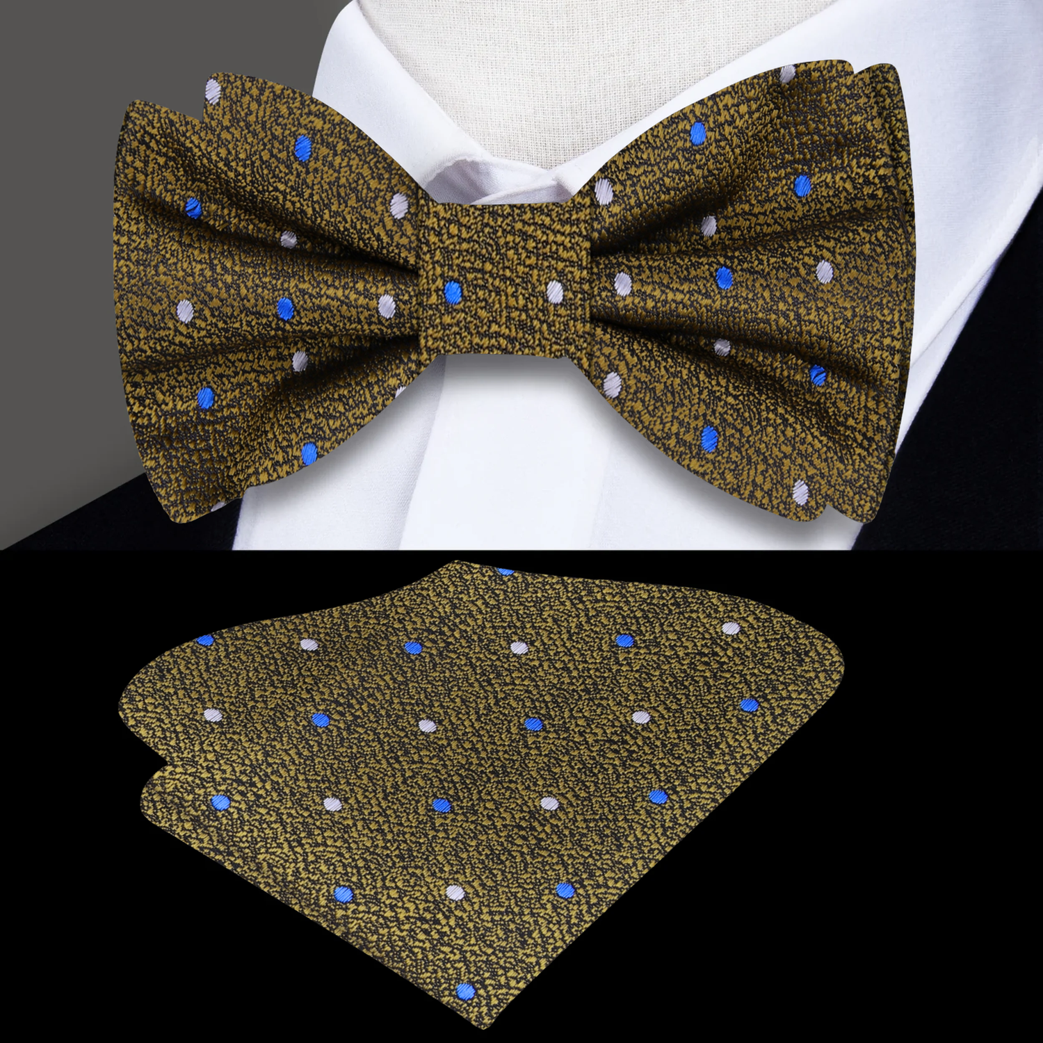 Antique Gold, Blue, Silver Polka Bow Tie and Square