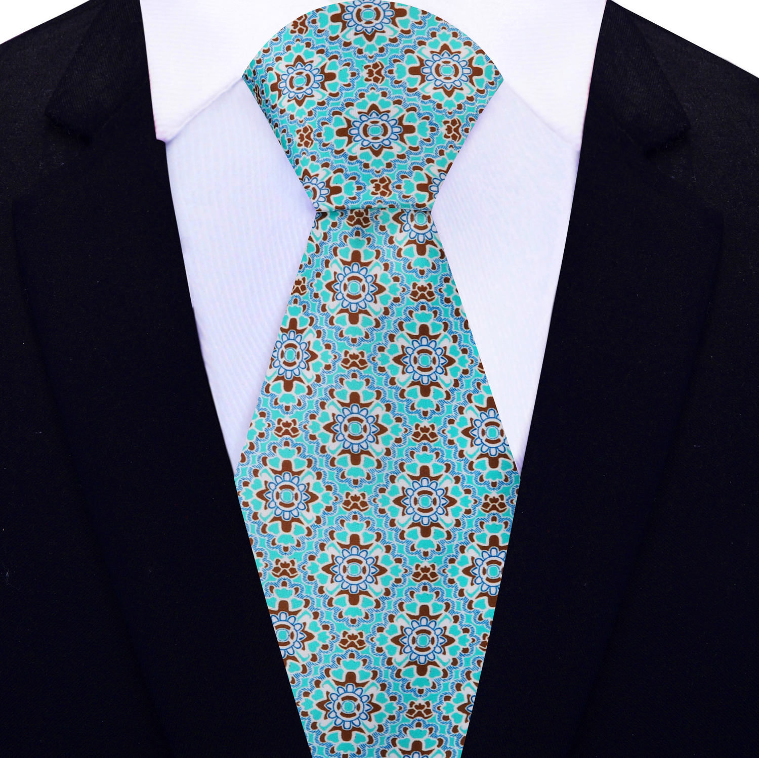 View 2: Aqua Blue, Brown Mosaic Necktie