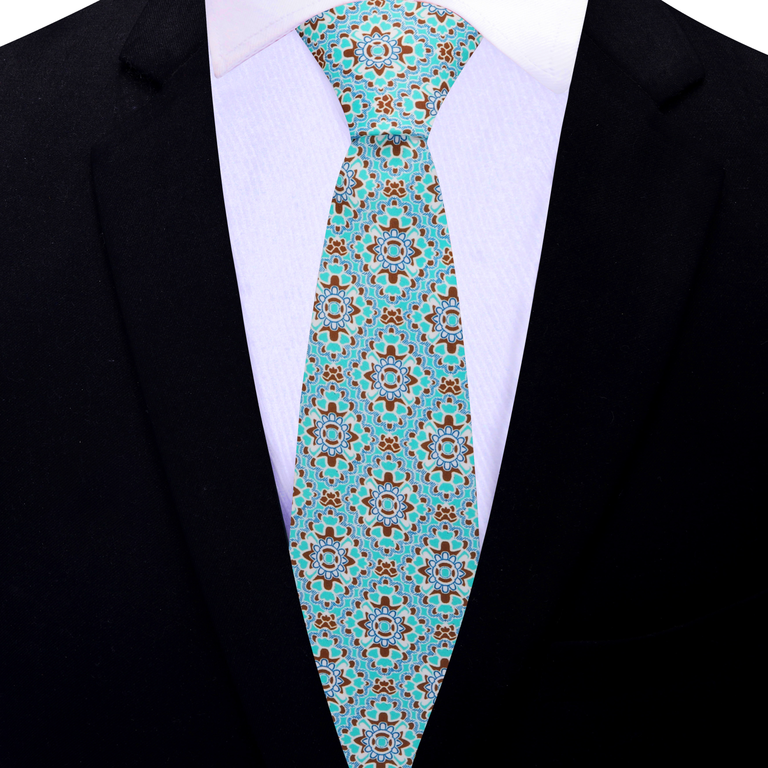 Thin Tie Aqua Blue, Brown Mosaic Necktie