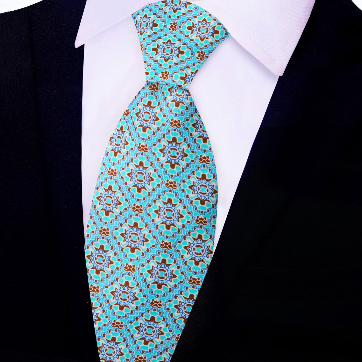 Aqua Blue, Brown Mosaic Necktie  