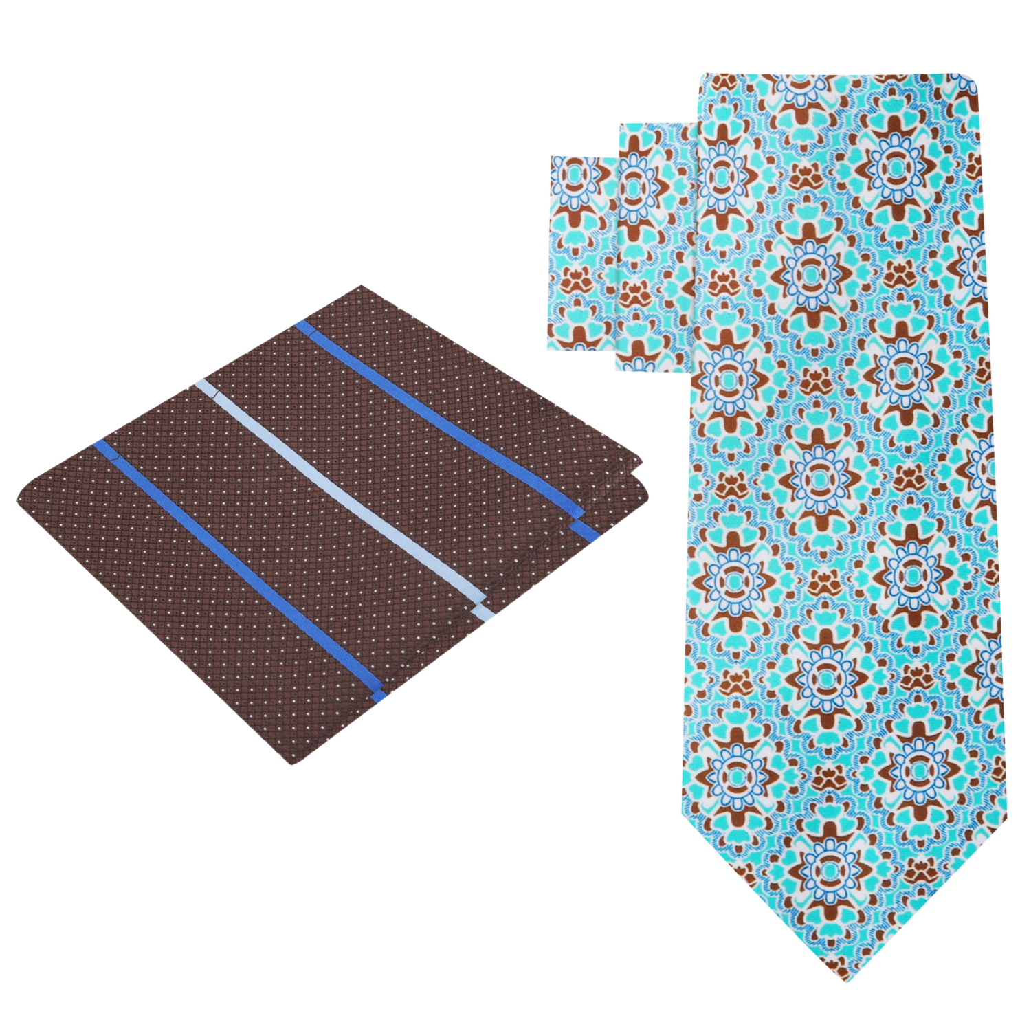 Alt View: Aqua Blue, Brown Mosaic Necktie and Brown, Blue Stripe Square