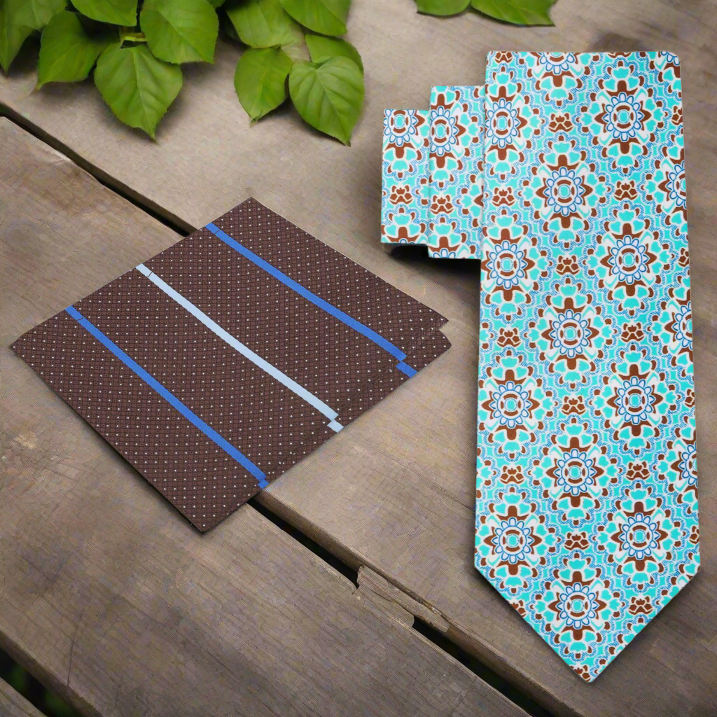 Alt View: Aqua Blue, Brown Mosaic Necktie and Brown, Blue Stripe Square