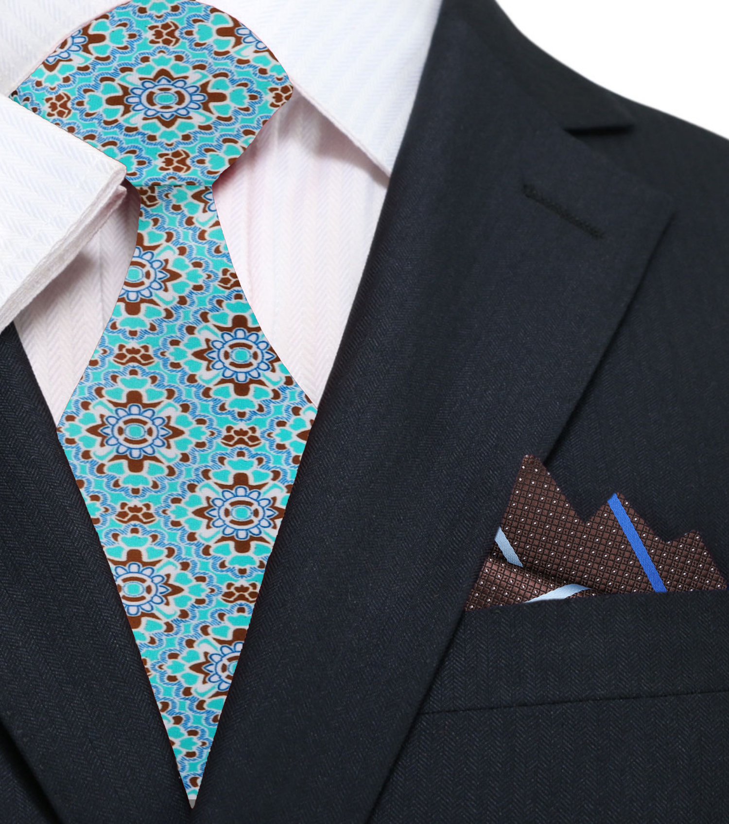 Aqua Blue, Brown Mosaic Necktie and Brown, Blue Stripe Square