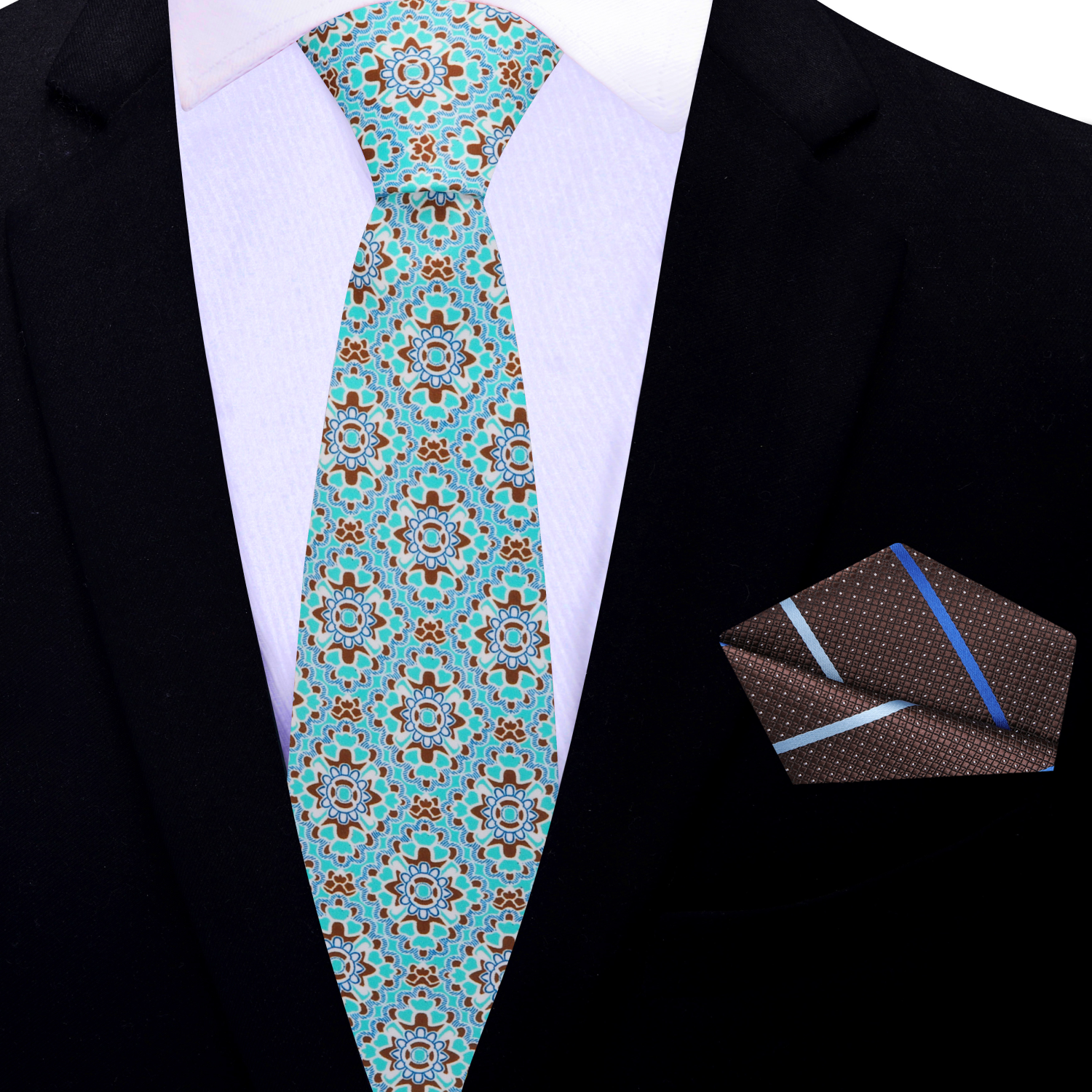 Thin Tie Aqua Blue, Brown Mosaic Necktie and Brown, Blue Stripe Square