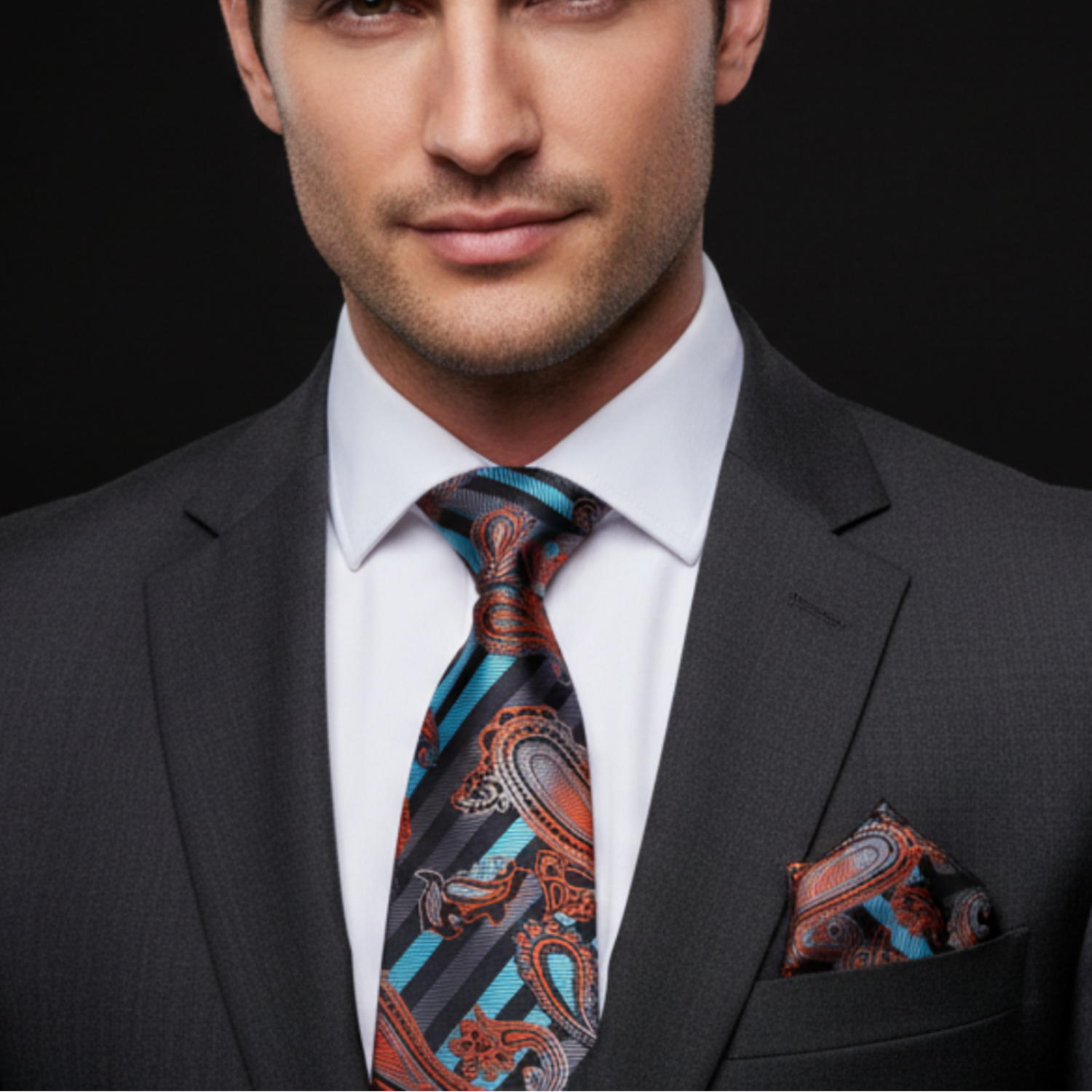 Man wearing a gray suit with a patterned tie and pocket square on a black background
