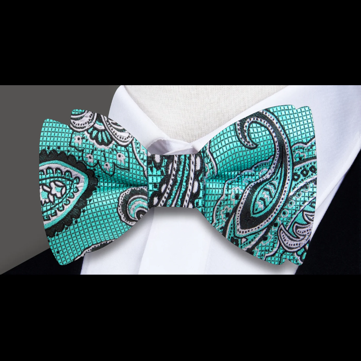 Aqua, Silver, Black Paisley Bow Tie