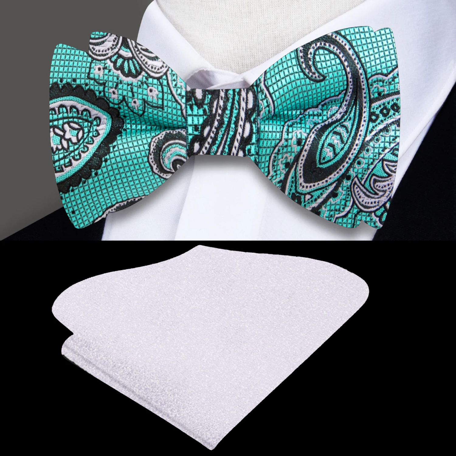 Aqua, Silver, Black Paisley Bow Tie and Accenting Silver Square