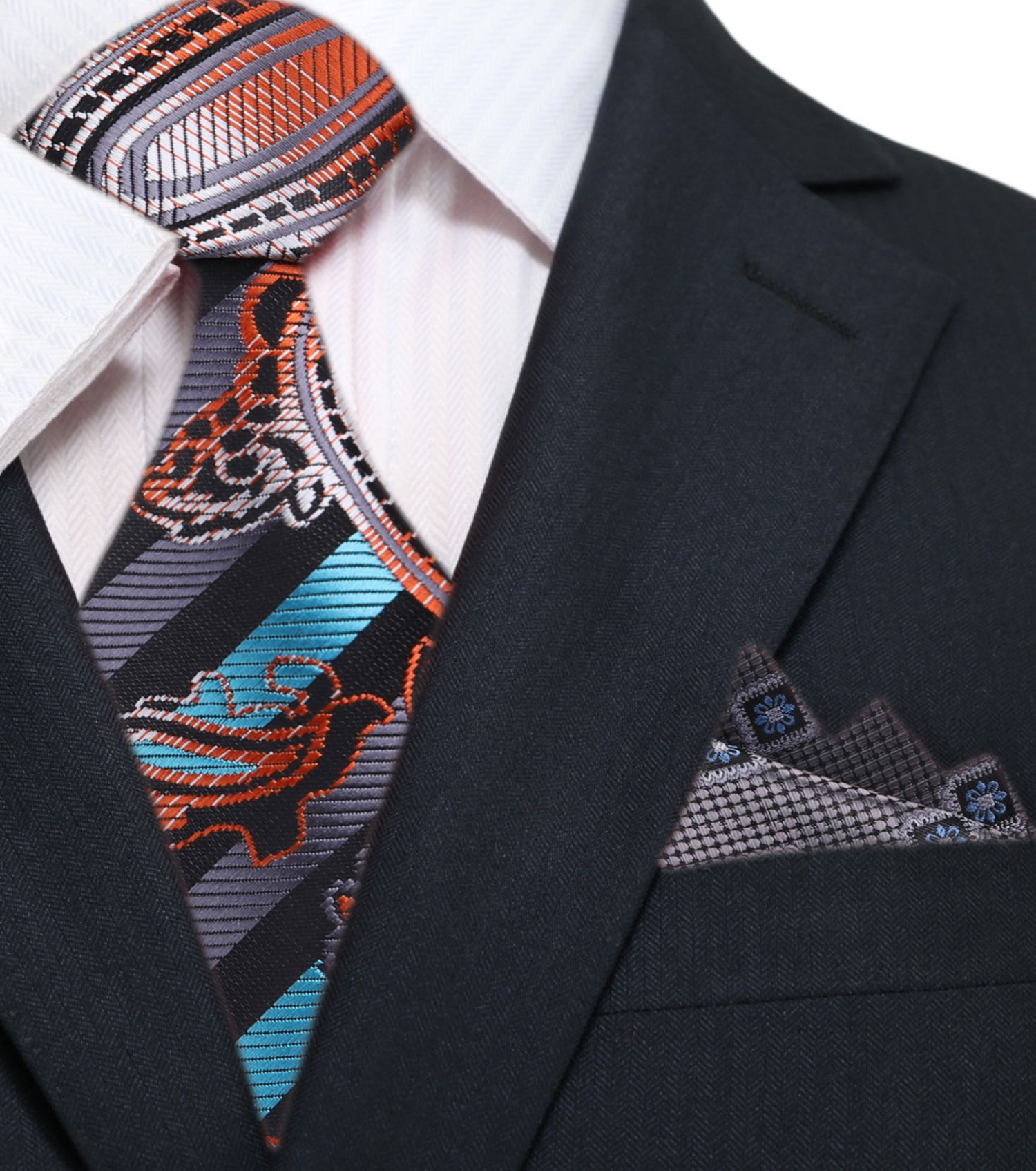 Main: Black, Light Blue, Copper, Black Paisley and Stripe Necktie and Accenting Grey Geometric Square