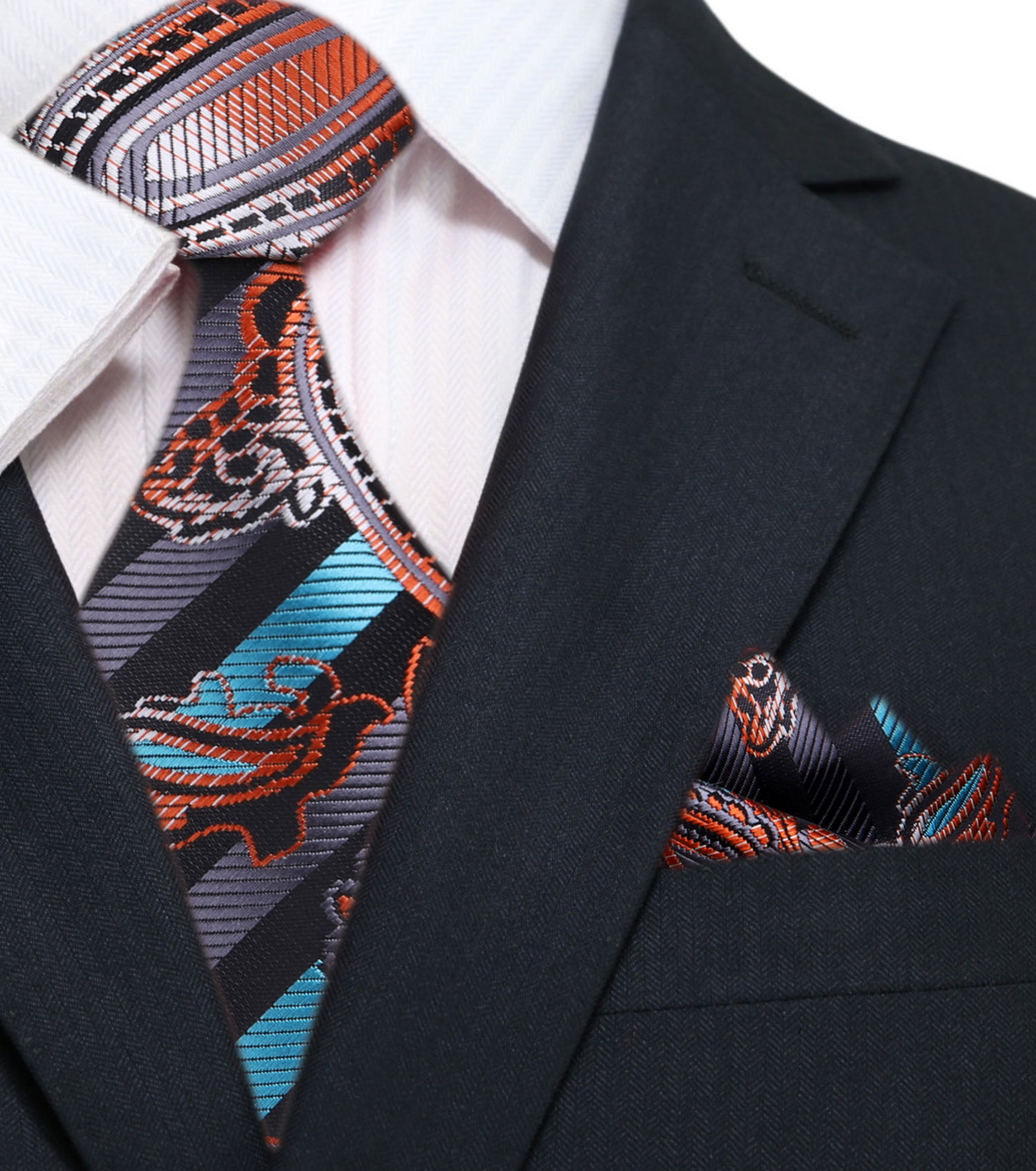 Main: Aqua, Orange, Black Stripe with Paisley Pattern Silk Necktie, Matching Pocket Square