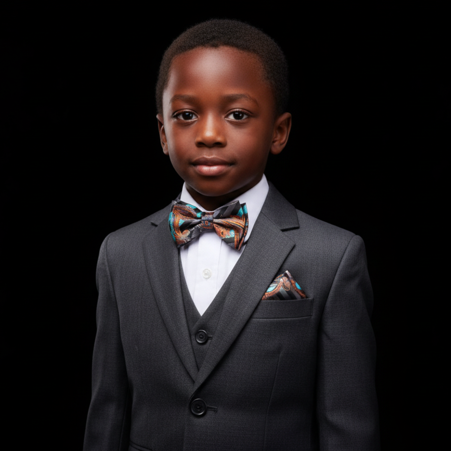 Young boy in a formal suit with a bow tie and pocket square on a black background