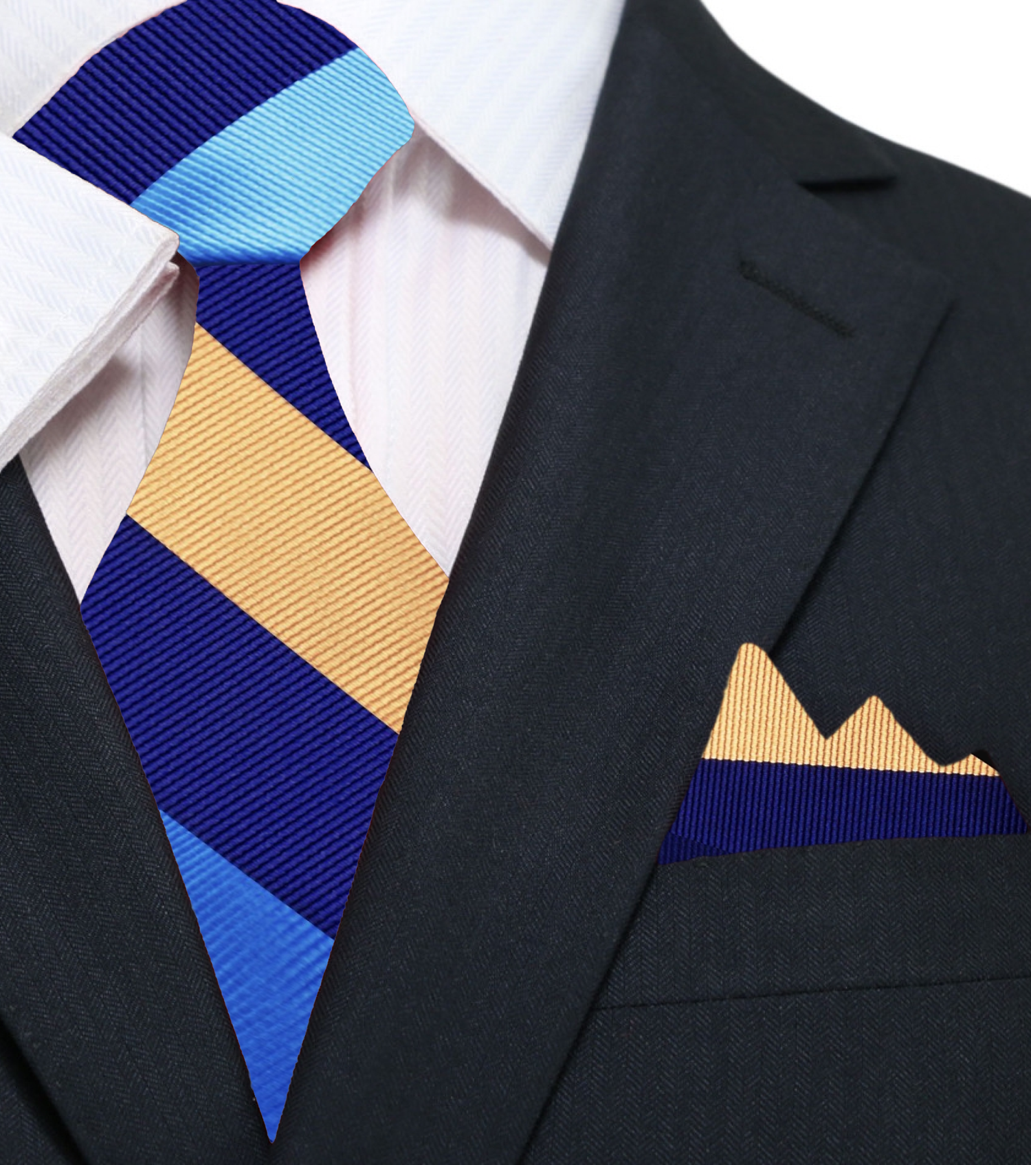 A Blue, Light Blue, Yellow Stripe Pattern Silk Necktie, Matching Pocket Square