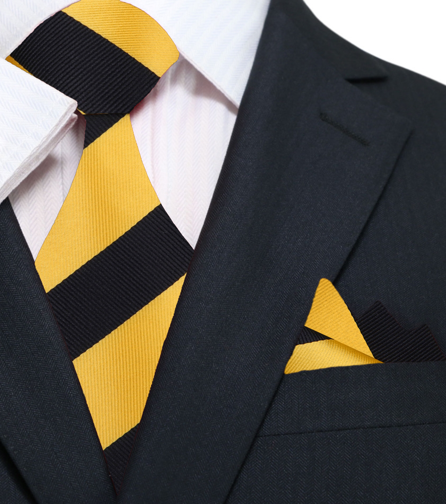 A Yellow, Black Stripe Pattern Silk Necktie, Matching Pocket Square