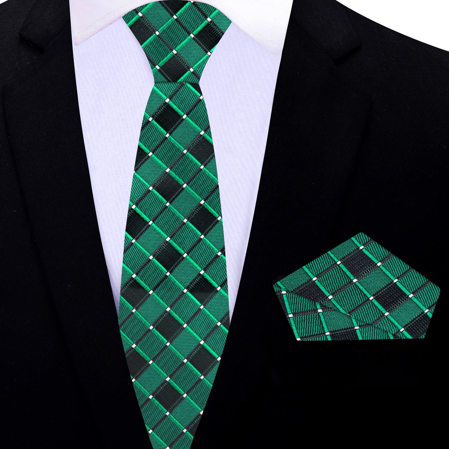 Thin Tie: Green Geometric Necktie and Accenting Blue, White, Yellow and Green Stripe Square