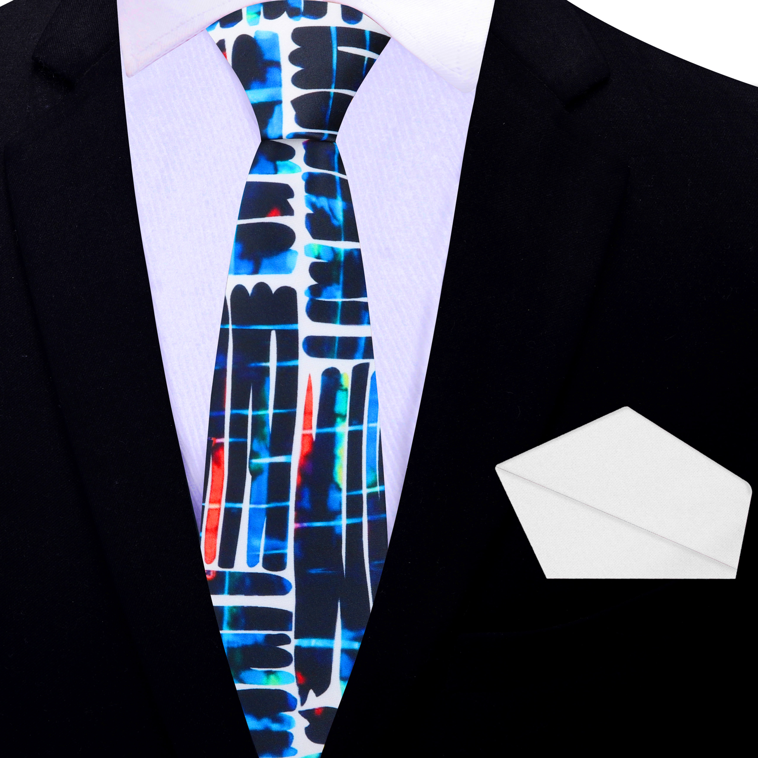 Thin Tie: White, Blue, Red Abstract Necktie and Square 