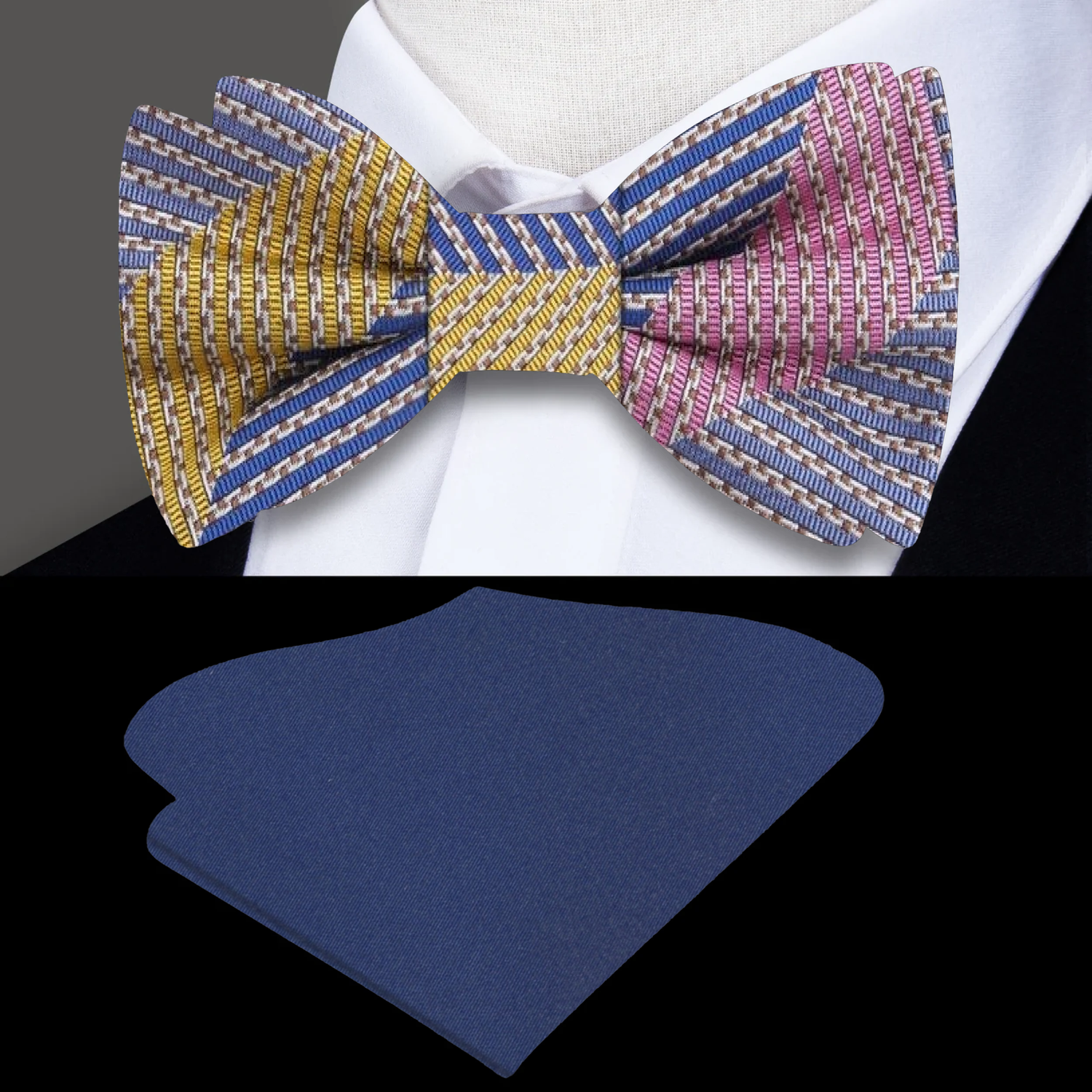 Blue, Yellow, Pink Stripe Bow Tie and Blue Square