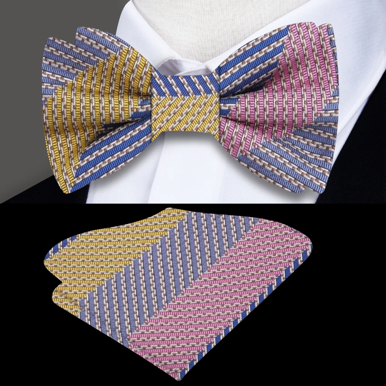 Blue, Yellow, Pink Stripe Bow Tie And Pocket Square