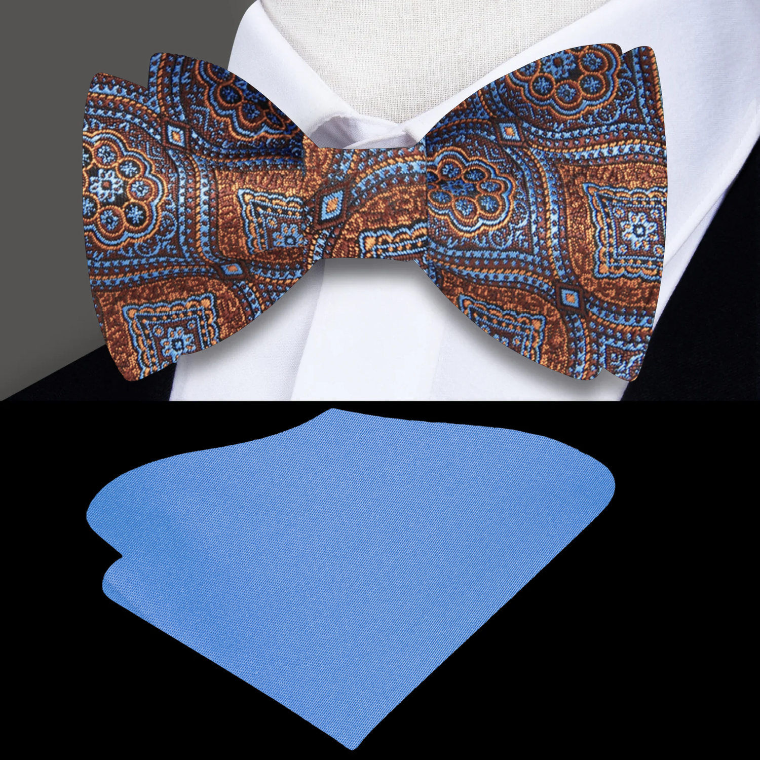 Brown, Orange, Light Blue Geometric Bow Tie and Light Blue  Square
