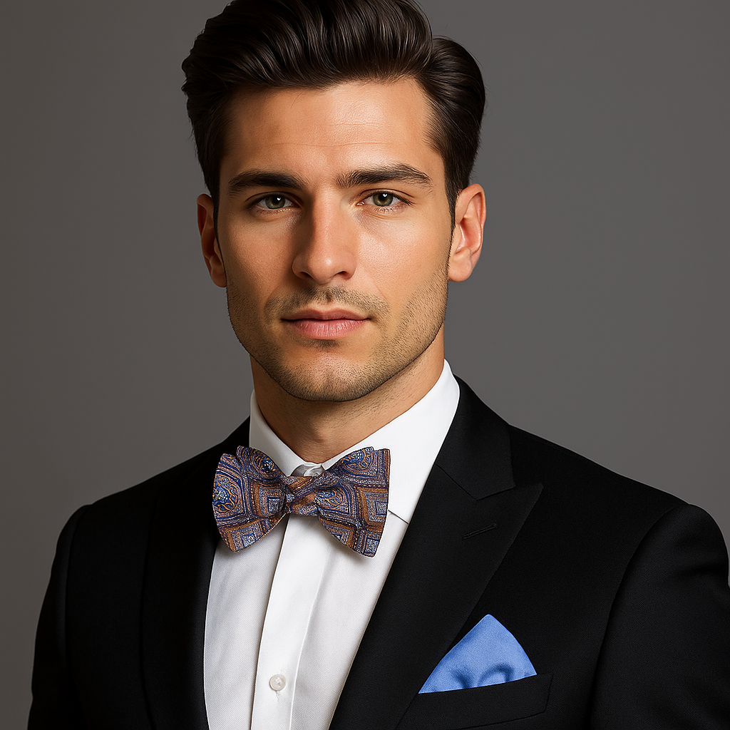 Man wearing a black suit with a patterned bow tie and blue handkerchief on a gray background