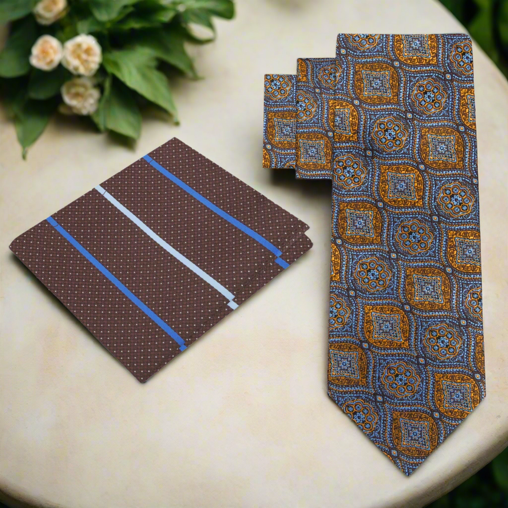 Alt View: Brown, Light Blue, Rust Geometric Tie and Accenting Square