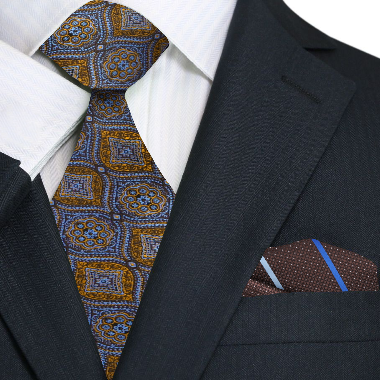 Brown, Light Blue, Rust Geometric Tie and Accenting Square