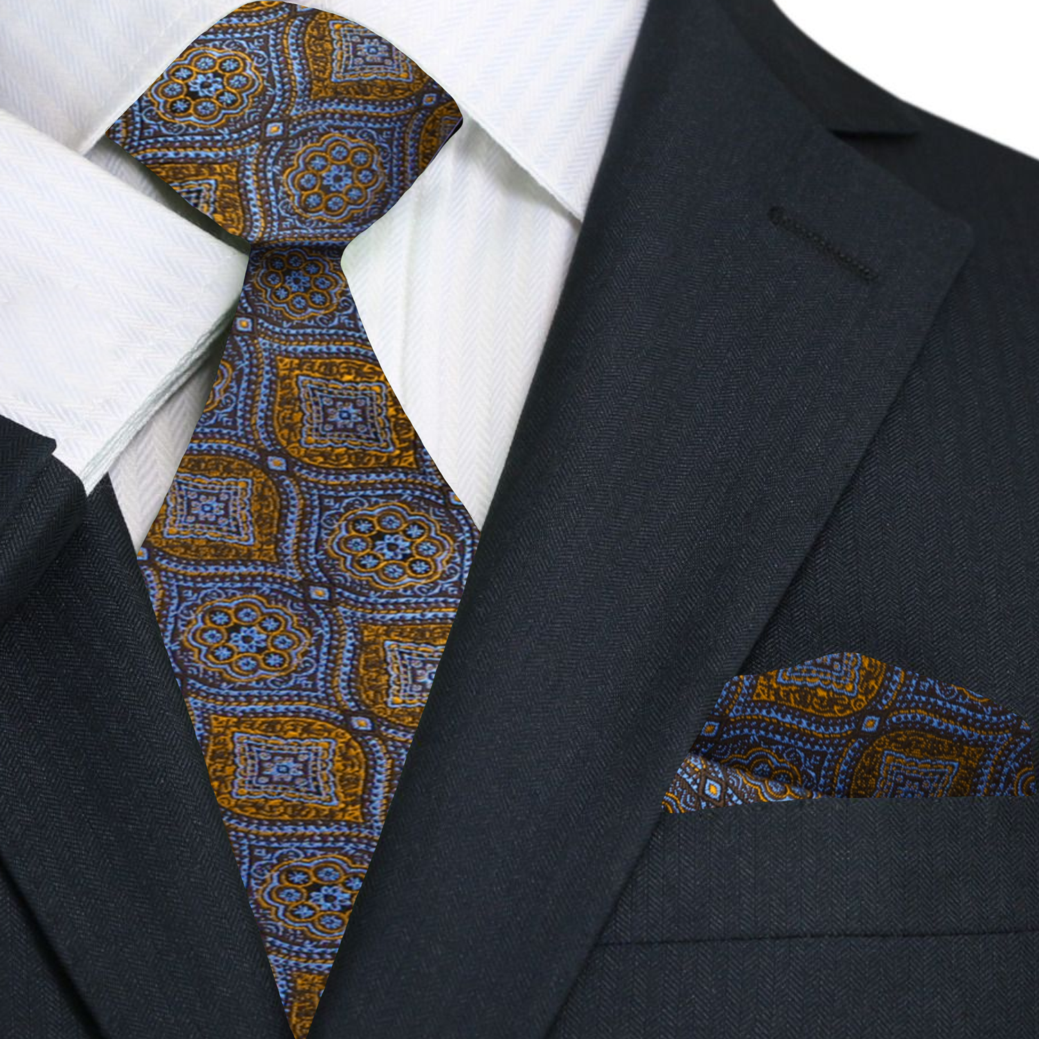 Brown, Light Blue, Rust Geometric Tie and Square