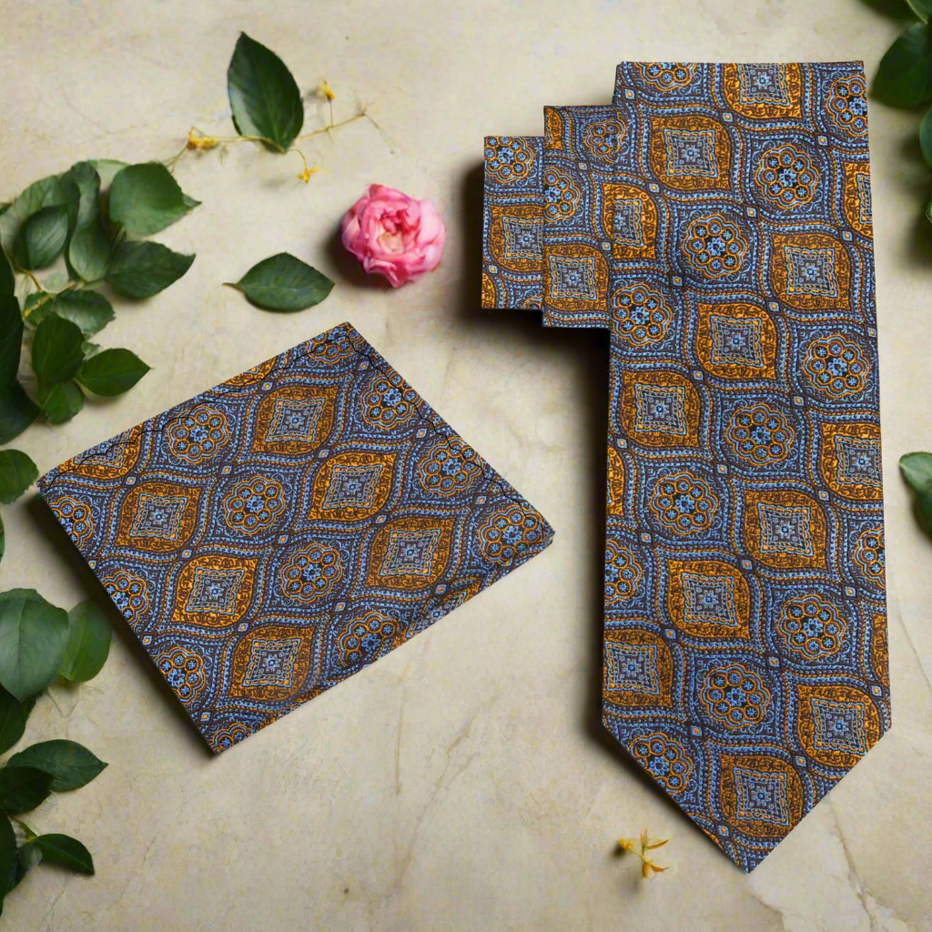 Alt view: Brown, Light Blue, Rust Geometric Tie and Square