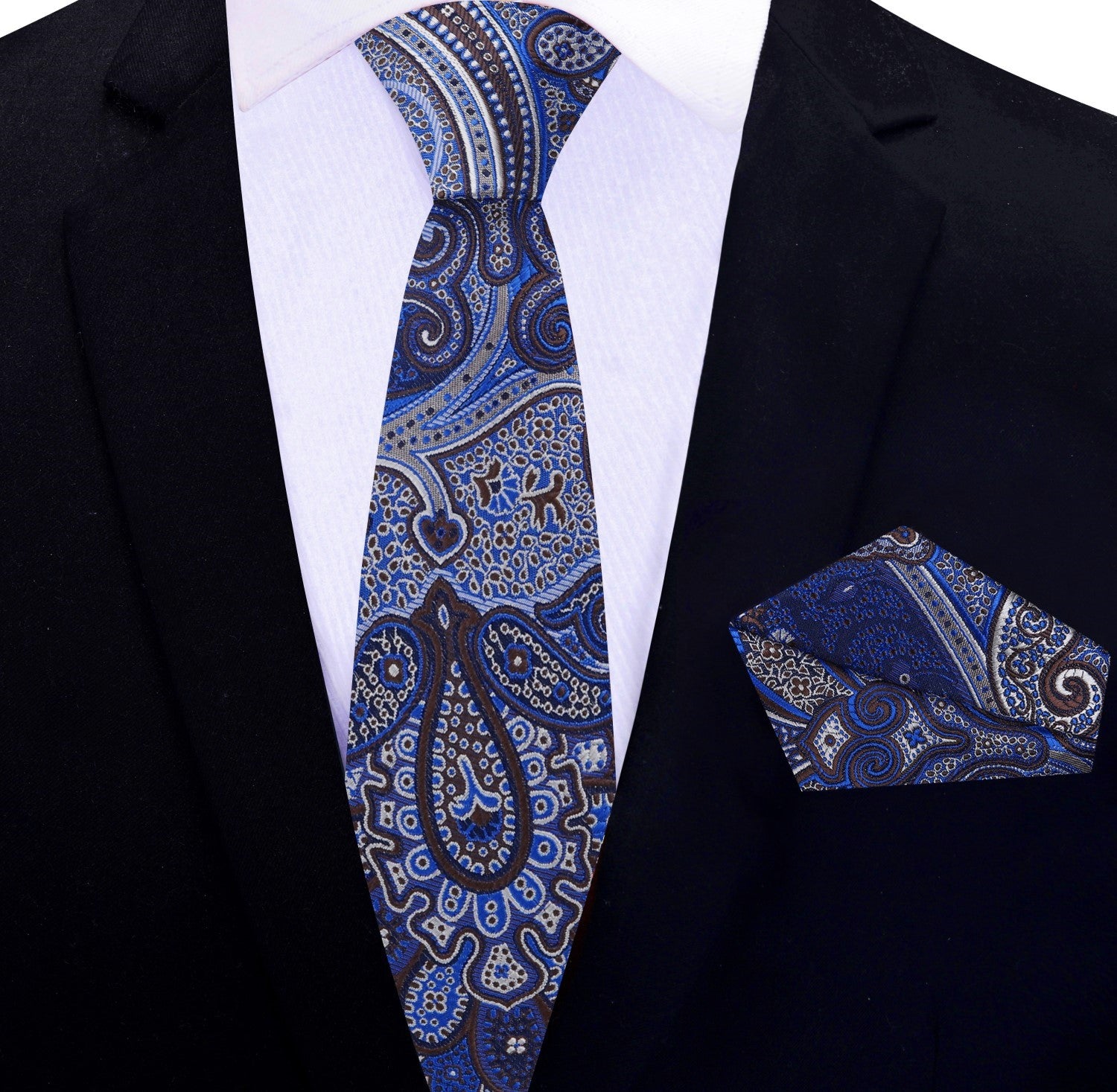 Thin: Blue Brown Paisley Tie and Matching  Pocket Square