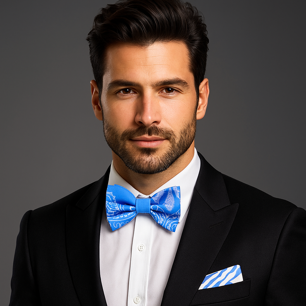 Man wearing a black suit with a white shirt and blue bow tie on a gray background