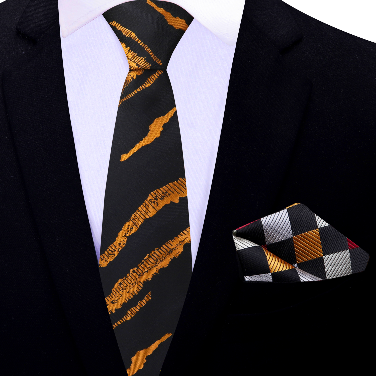 Thin Tie: Black and Metallic Copper Abstract Lines Tie and Geometric Square