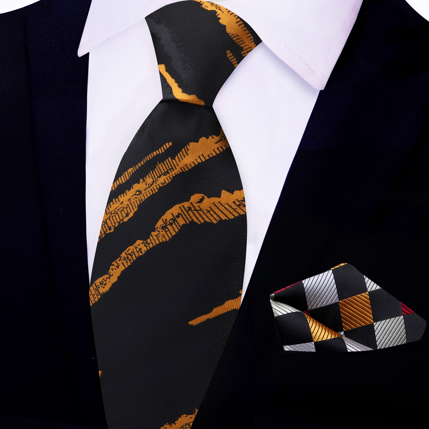 Black and Metallic Copper Abstract Lines Tie and Geometric Square