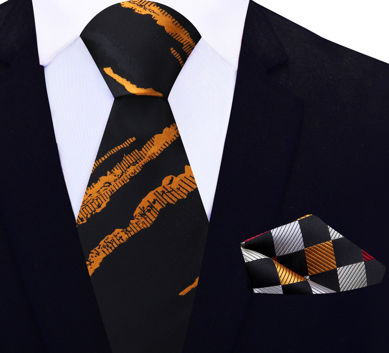 View 2: Black and Metallic Copper Abstract Lines Tie and Geometric Square