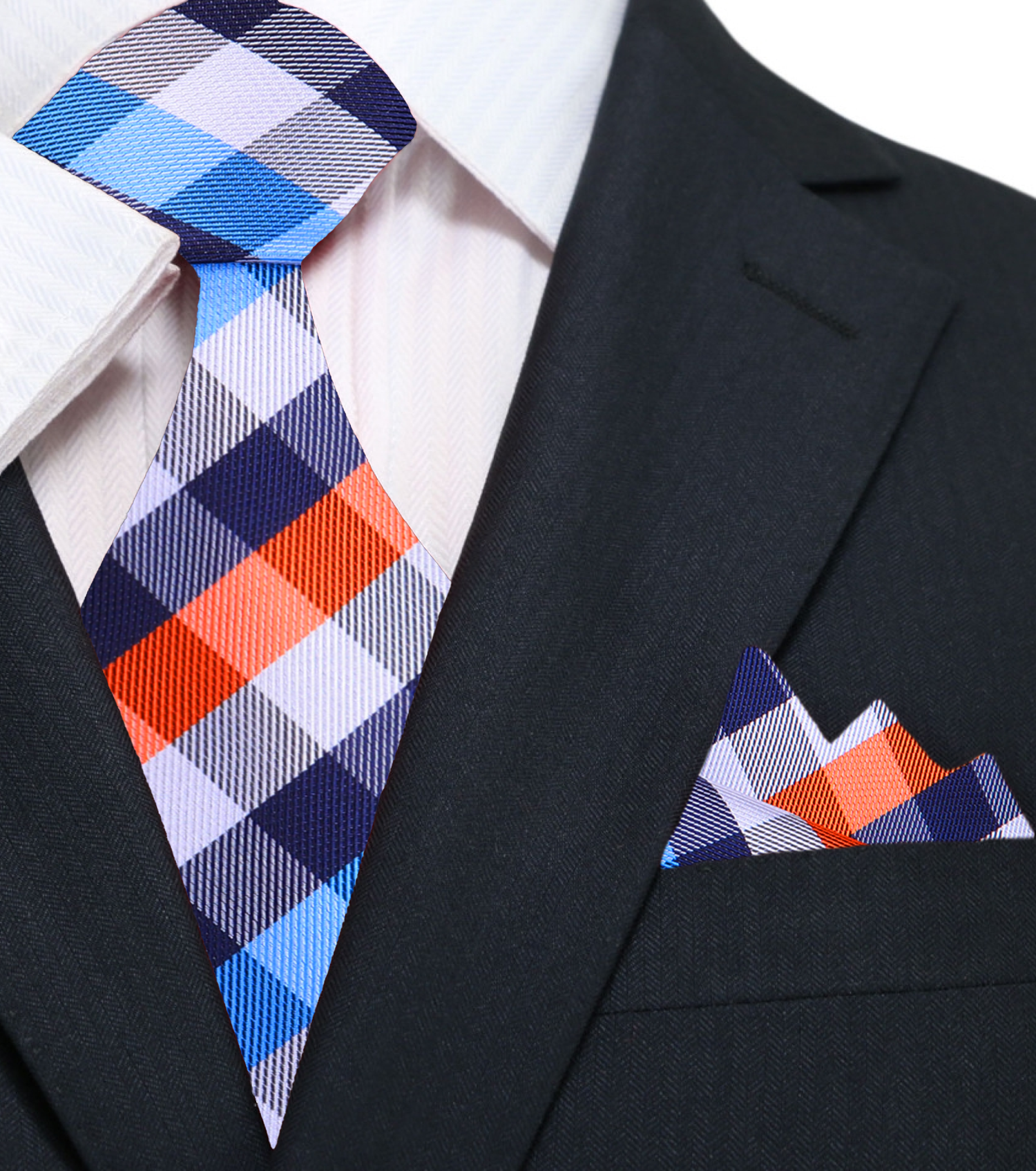 A Light Blue, Orange, White Geometric Check Pattern Silk Necktie, Matching Pocket Square