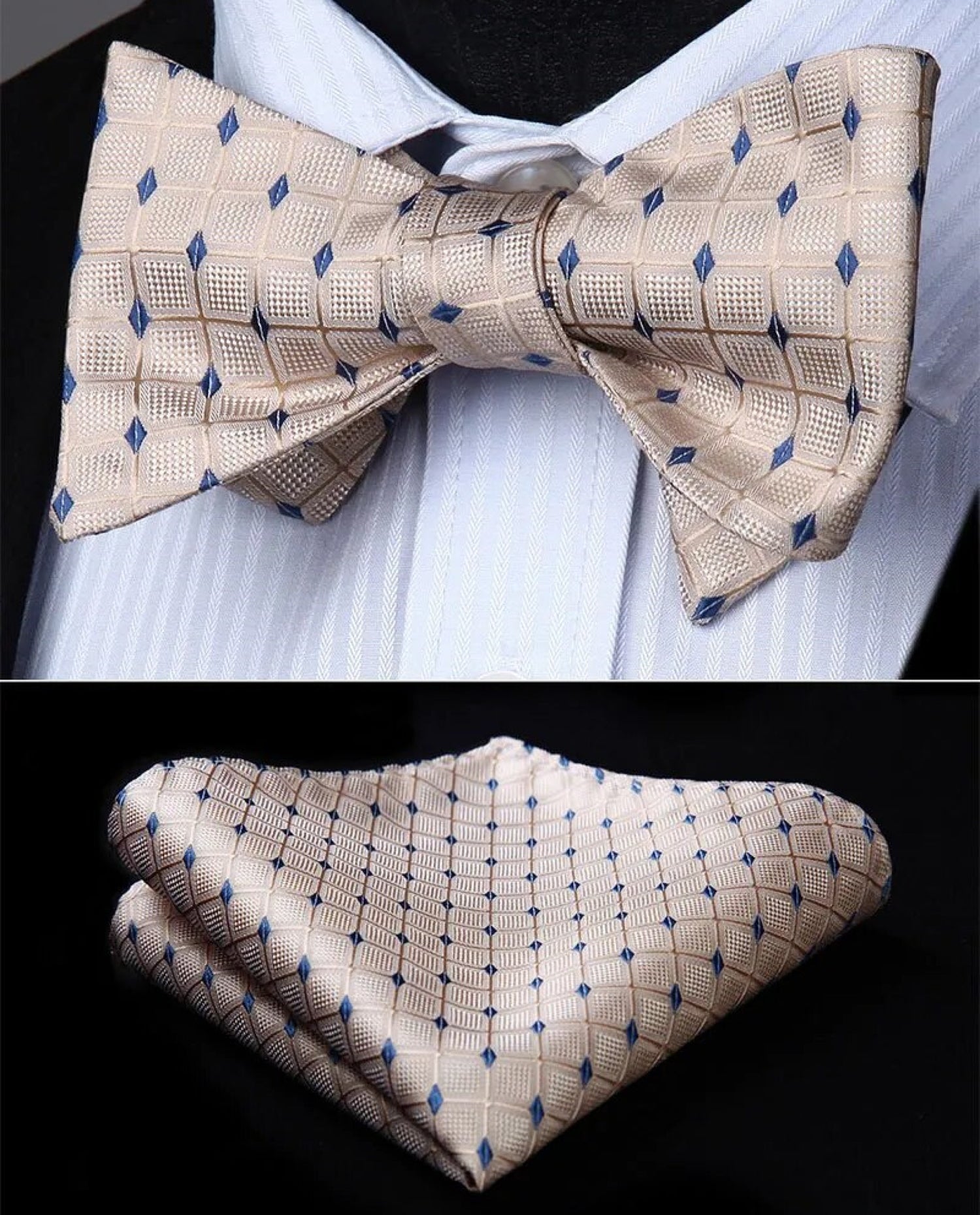 Main View: Cream Blue Geometric Check Pattern Silk Self Tie Bow Tie, Matching Pocket Square||Cream