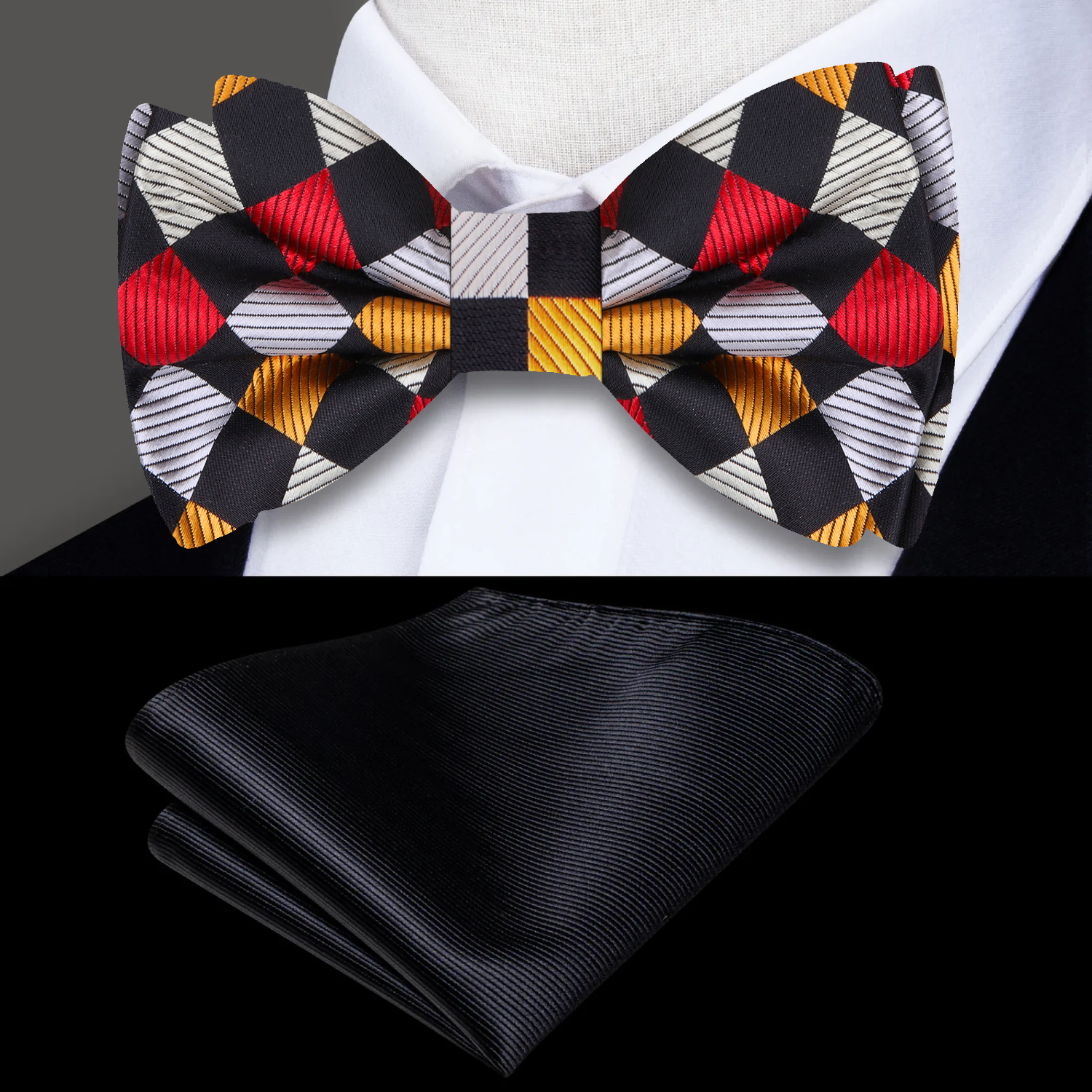 Gold, Red, Black Geometric Bow Tie and Black Pocket Square
